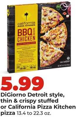 DiGiorno Detroit style, thin & crispy stuffed or California Pizza Kitchen pizza