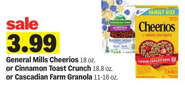 General Mills Cheerios 18 oz. or Cinnamon Toast Crunch 18.8 oz. or Cascadian Farm Granola 11-16 oz.