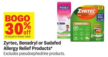 Zyrtec, Benadryl or Sudafed Allergy Relief Products*