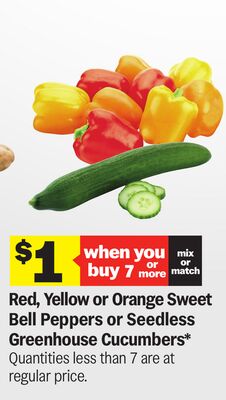 Red, Yellow or Orange Sweet Bell Peppers or Seedless Greenhouse Cucumbers*