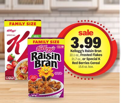 Kellogg's Raisin Bran 22.1 oz., Frosted Flakes 21.7 oz., or Special K Red Berries Cereal 15.6 oz. box.