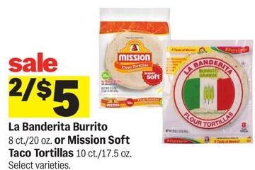 La Banderita Burrito 8 ct./20 oz. or Mission Soft Taco Tortillas 10 ct./17.5 oz.