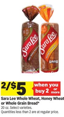 Sara Lee Whole Wheat, Honey Wheat or Whole Grain Bread*