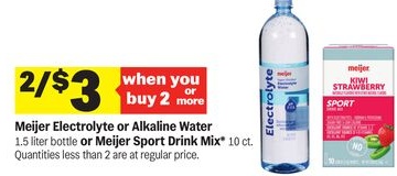Meijer Electrolyte or Alkaline Water 1.5 liter bottle or Meijer Sport Drink Mix* 10 ct.