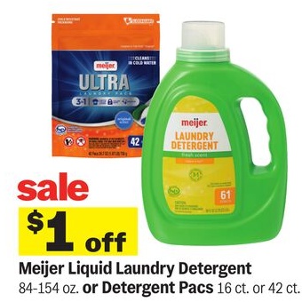 Meijer Liquid Laundry Detergent 84-154 oz. or Detergent Pacs 16 ct. or 42 ct.