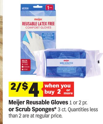 Meijer Reusable Gloves 1 or 2 pr. or Scrub Sponges* 3 ct.