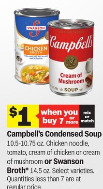 Campbell's Condensed Soup 10.5-10.75 oz. Chicken noodle, tomato, cream of chicken or cream of mushroom or Swanson Broth* 14.5 oz.