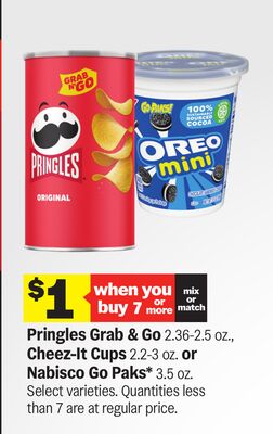 Pringles Grab & Go 2.36-2.5 oz., Cheez-It Cups 2.2-3 oz. or Nabisco Go Paks* 3.5 oz.