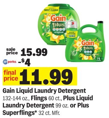 Gain Liquid Laundry Detergent 132-144 oz., Flings 60 ct., Plus Liquid Laundry Detergent 99 oz. or Plus Superflings* 32 ct.