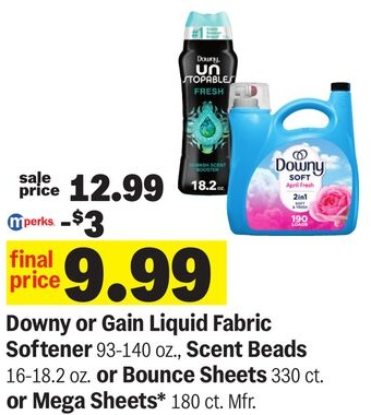 Downy or Gain Liquid Fabric Softener 93-140 oz., Scent Beads 16-18.2 oz. or Bounce Sheets 330 ct. or Mega Sheets* 180 ct.
