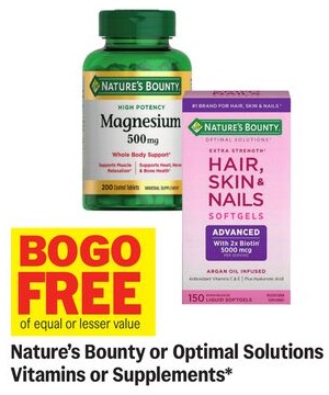 Nature's Bounty or Optimal Solutions Vitamins or Supplements