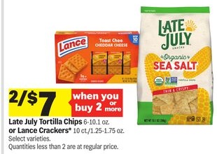 Late July Tortilla Chips 6-10.1 oz. or Lance Crackers* 10 ct./1.25-1.75 oz.