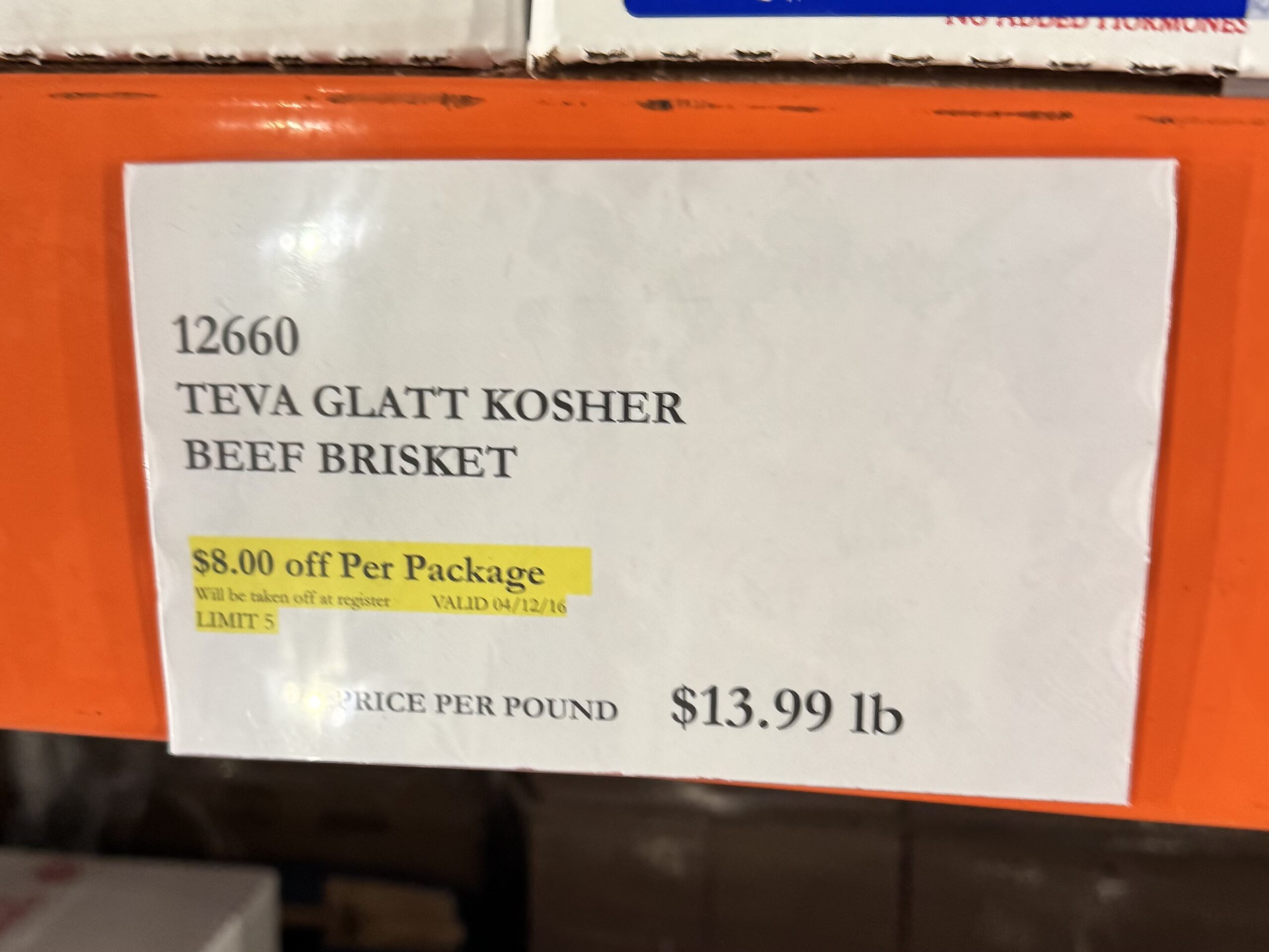 Teva Angus Beef Brisket - price tag