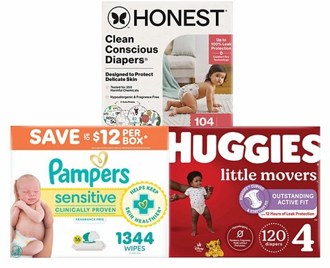 Select Pampers baby wipes, The Honest Company & Huggies diapers
