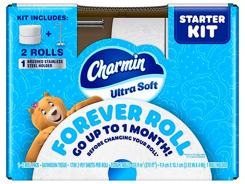 Charmin Ultra Soft Forever Roll starter kit with 2 toilet paper rolls + 1 holder