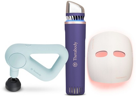Therabody Theragun massage gun, TheraFace depuffing facial treatment wand skincare mask
