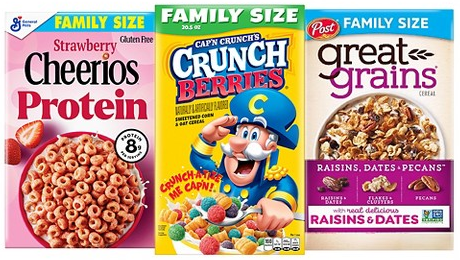 Select General Mills, Quaker & Post family-size cereal