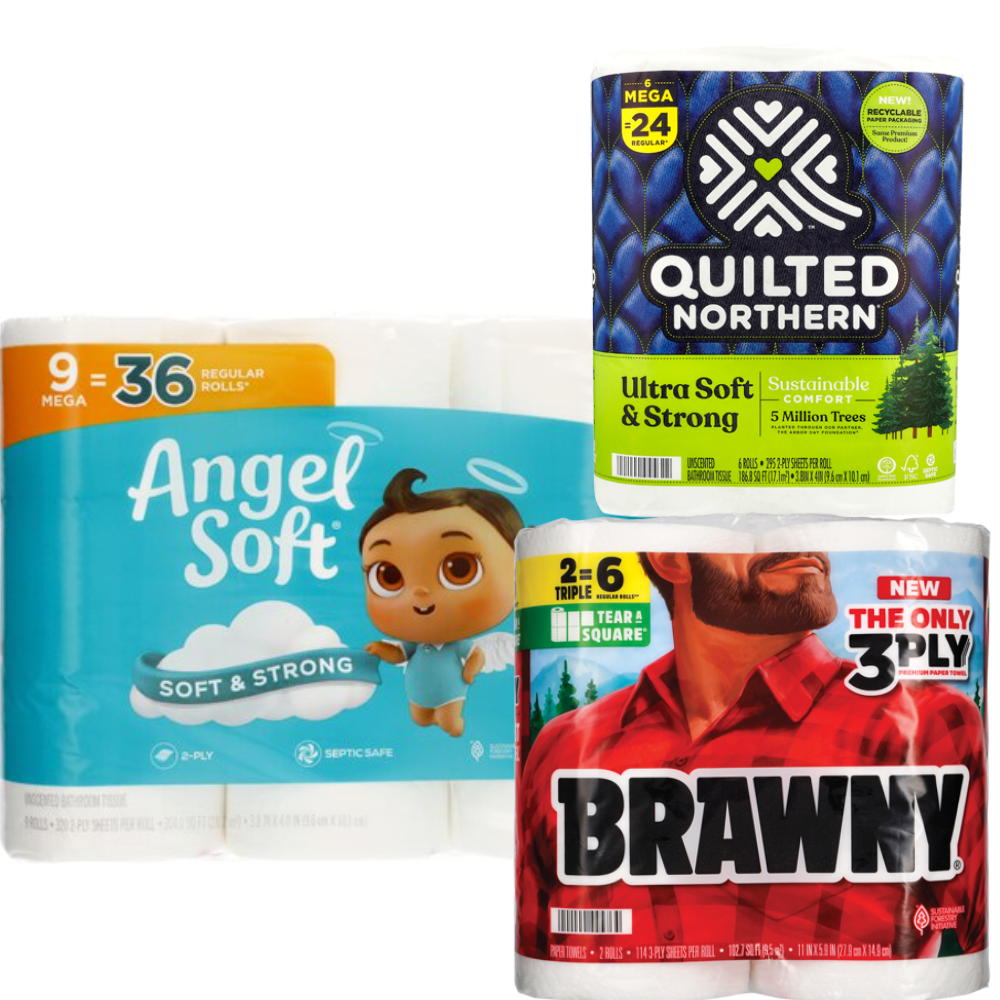 Angel Soft, Brawny, Dixie or Quilted Northern Household Products