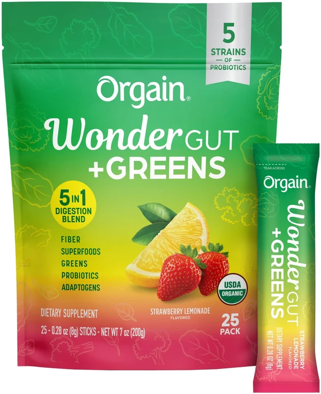 Orgain Wonder Gut Greens, Strawberry Lemonade, 25 Stick Packs