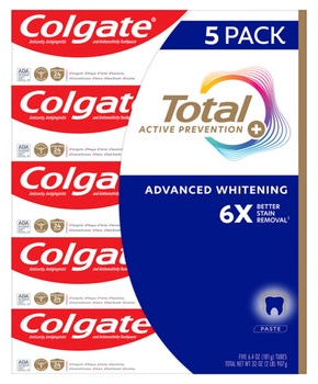 Colgate Total Active Prevention Plus Advanced Whitening Toothpaste, 6.4 oz, 5-pack
