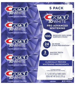 Crest 3D White Advanced Whitening Toothpaste, 5.2 oz, 5-count