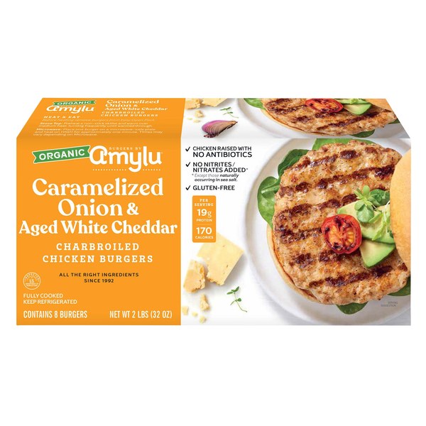 Amylu Organic Chicken Burgers (Caramelized Onion & Aged White Cheddar)