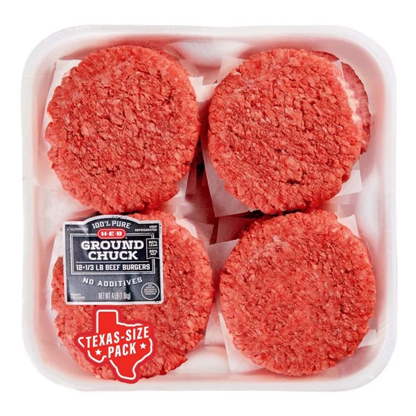 H-E-B Ground Beef Chuck 1/3 lb Burgers Patties, 80% Lean - Texas-Size Pack: $25.99 - $23.96