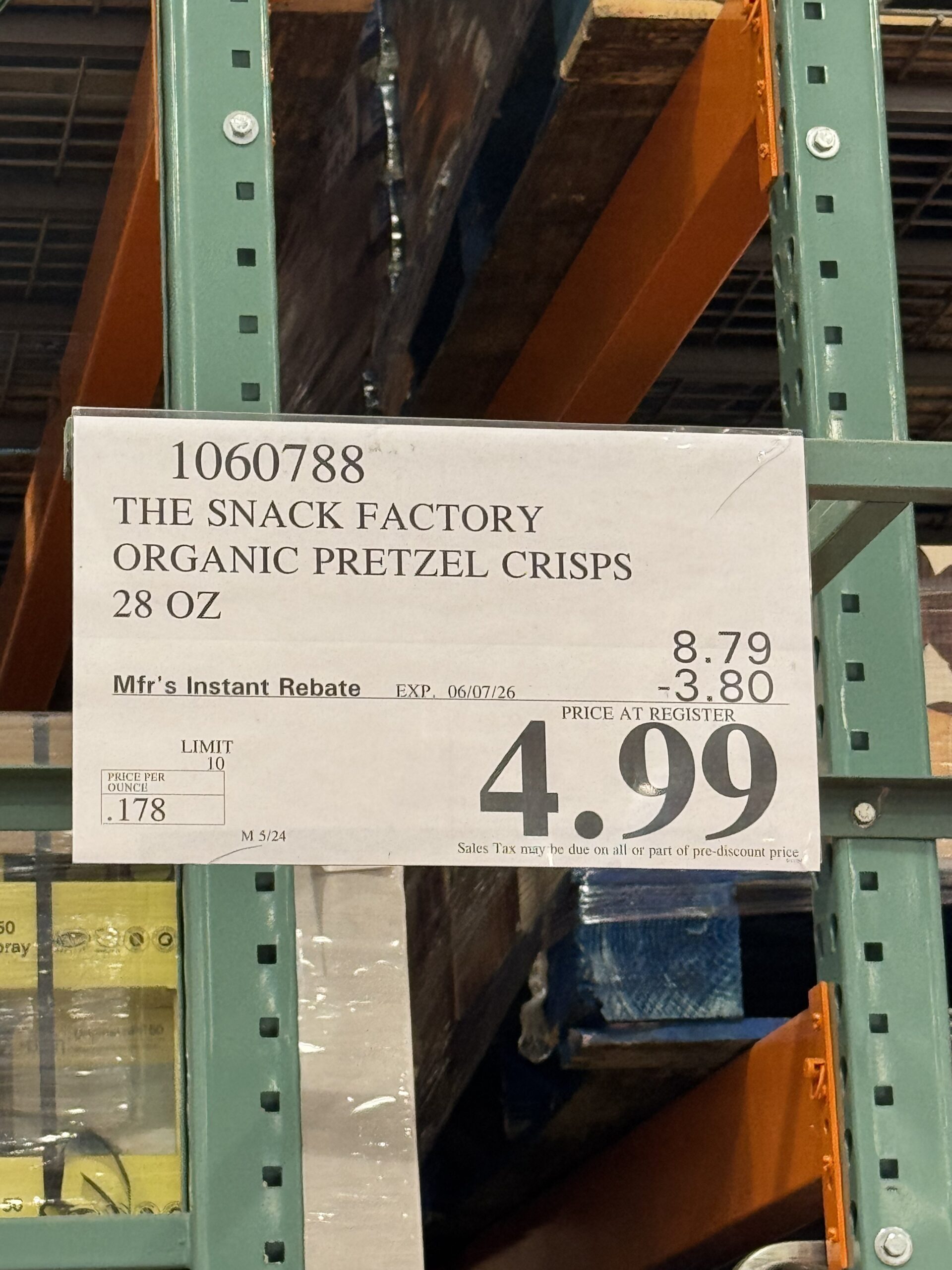 Snack Factory Organic Pretzel Crisps - price tag