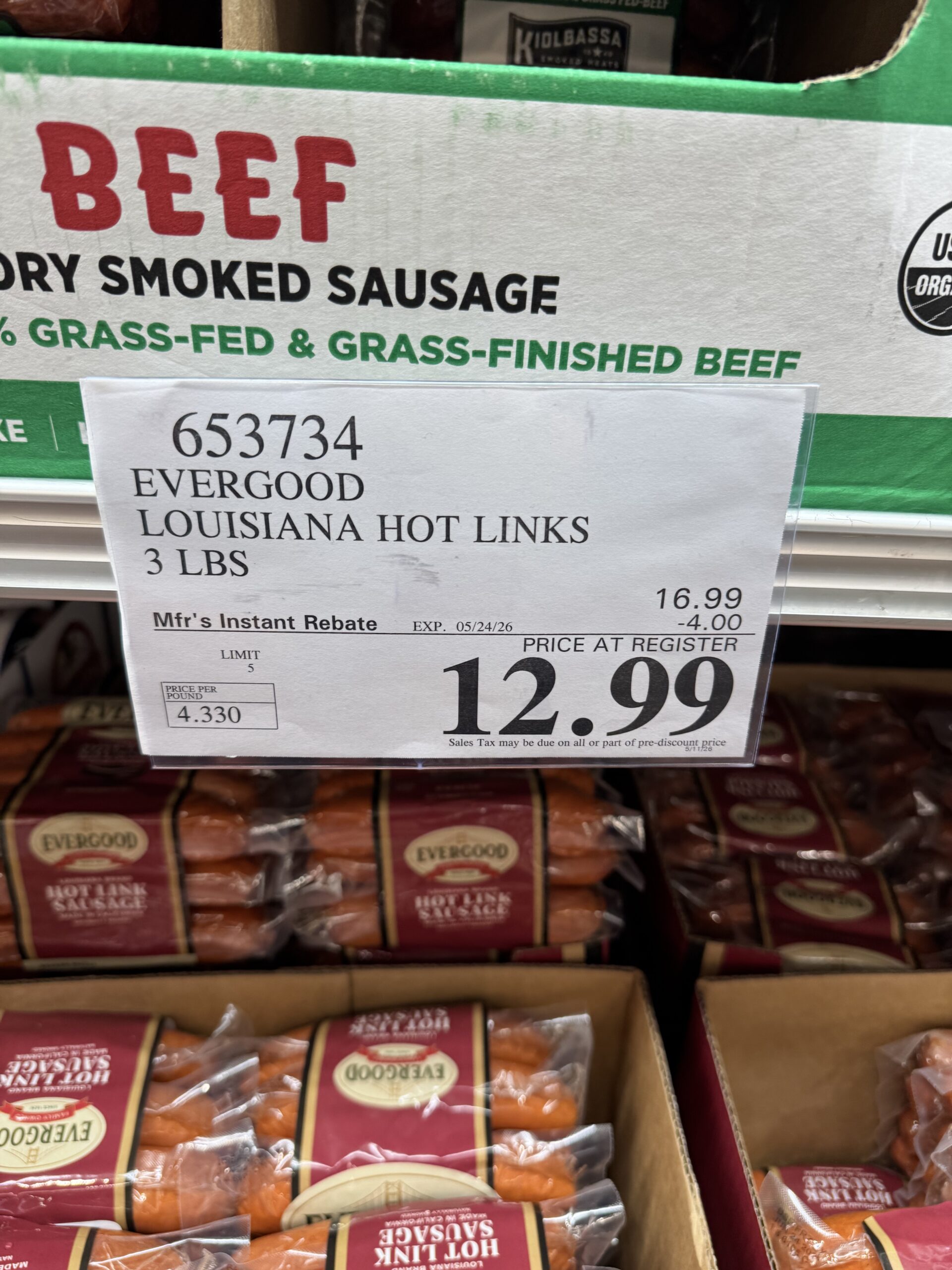 Evergood Louisiana Brand Hot Link Sausage - price tag