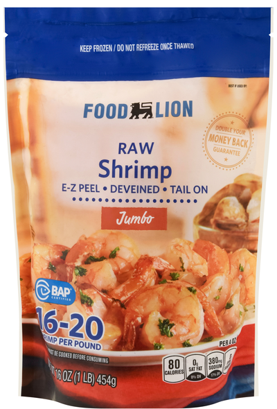 Food Lion Raw Tail-On Jumbo EZ-Peel Shrimp 16-20 ct per lb Frozen