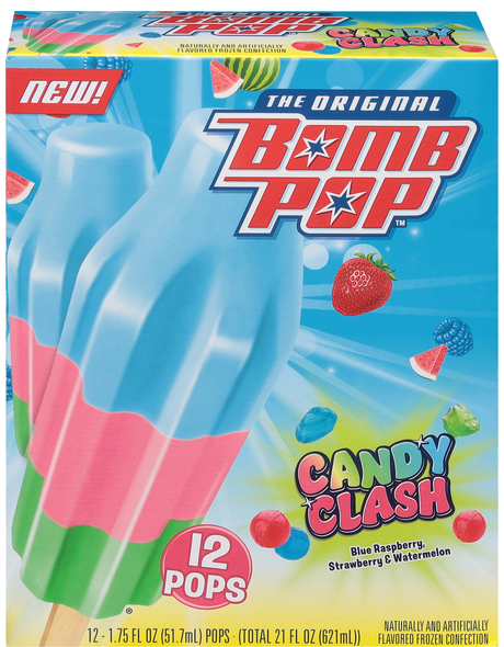 Bomb Pop Candy Clash Blue Raspberry Strawberry & Watermelon Ice Pops 12 ct