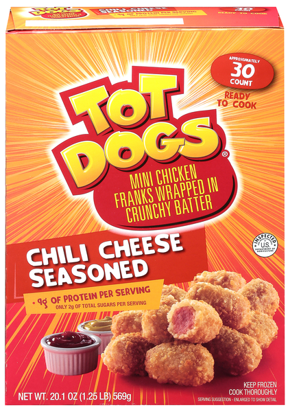 Tot Dogs Chili Cheese Seasoned Mini Chicken Franks in Crunchy Batter