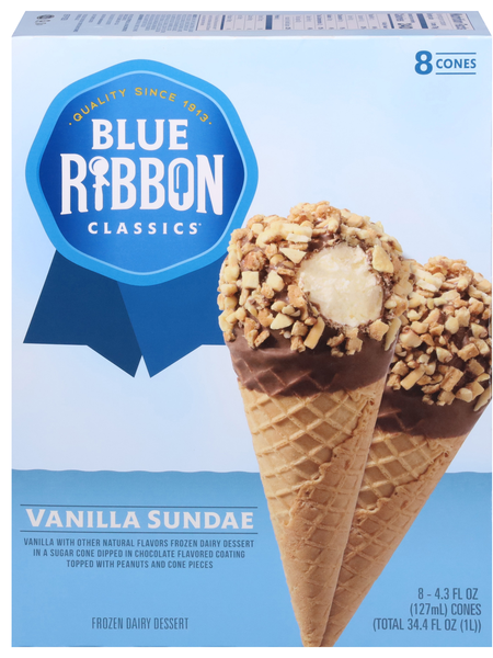 Blue Ribbon Classics Vanilla Sundae Frozen Dairy Dessert Cones - 8 ct