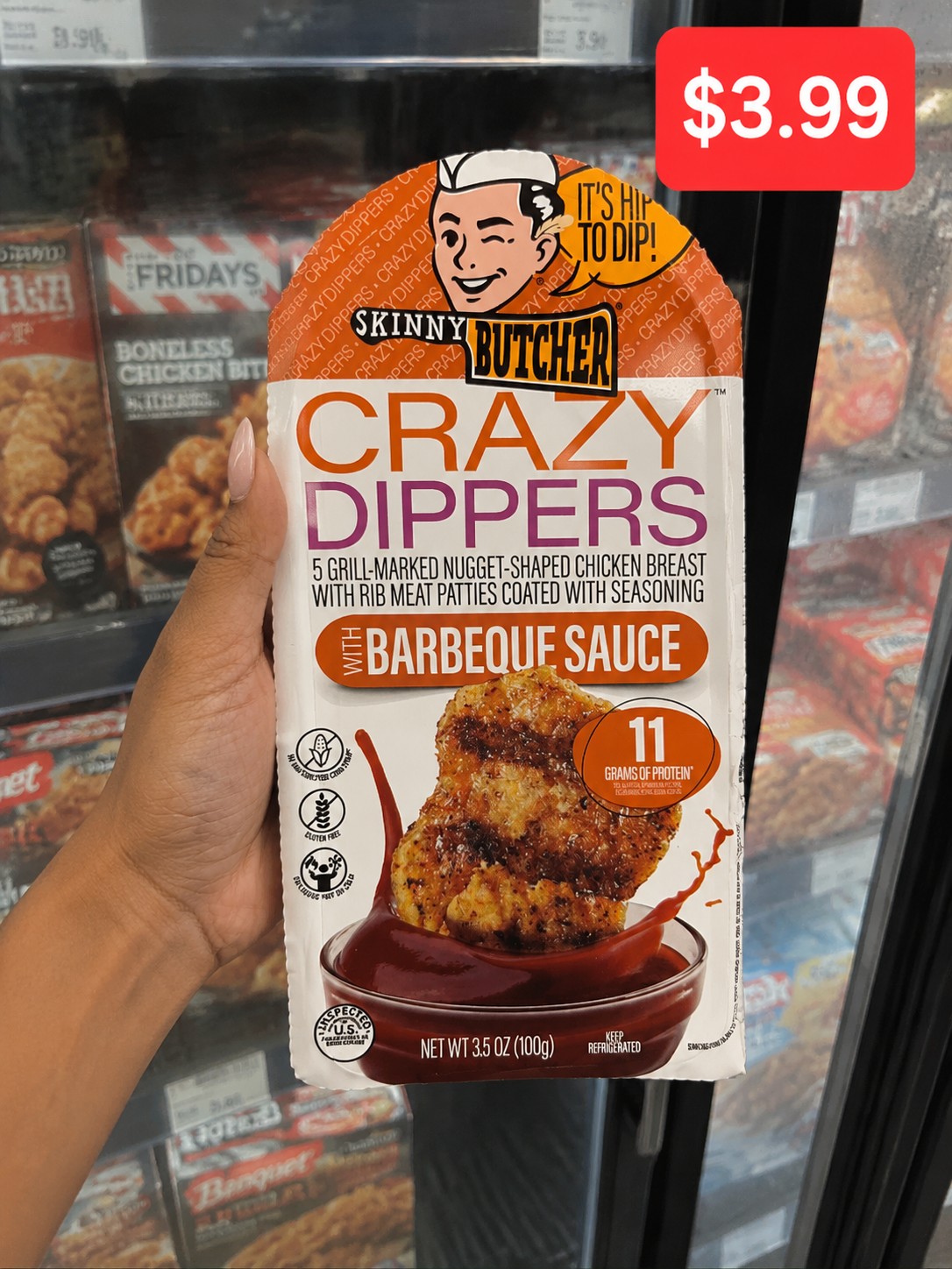 SKINNY BUTCHER CRAZY DIPPERS 5 GRILL-MARKED NUGGET-SHAPED CHICKEN BREAST WITH RIB MEAT PATTIES COATED WITH SEASONING WITH BARBEQUE SAUCE