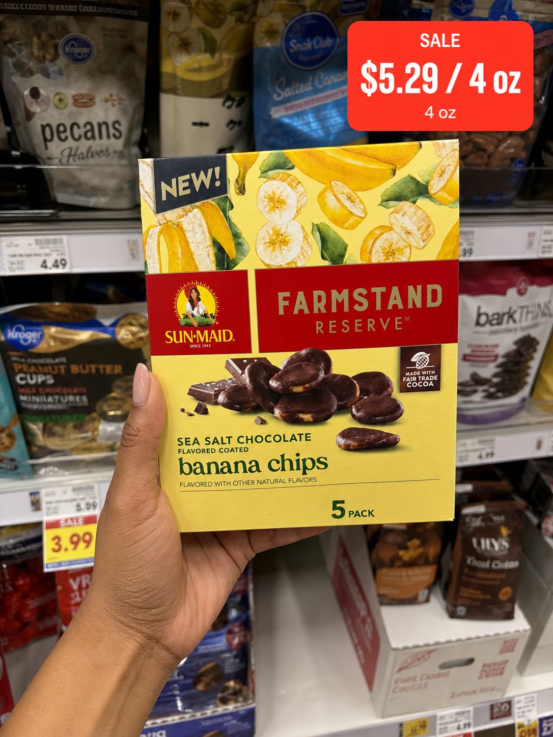 SUN-MAID FARMSTAND RESERVE SEA SALT CHOCOLATE FLAVORED COATED banana chips