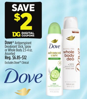 Dove® Antiperspirant Deodorant Stick, Spray or Whole Body