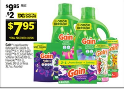 Gain® Liquid Laundry Detergent 61 Load/81 oz., Flings!™ 31 ct., Plus Super Flings!™ 18 ct., Liquid Fabric Softener 136 Load/100 oz., Fireworks™ 10.7 oz., Sheets 240 ct. or Rinse 36.7 oz.