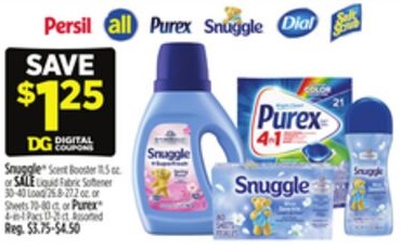 Snuggle® Scent Booster 11.5 oz. or SALE Liquid Fabric Softener 30-40 Load/26.8-27.2 oz. or Sheets 70-80 ct. or Purex® 4-in-1 Pacs 17-21 ct.