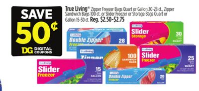 True Living® Zipper Freezer Bags Quart or Gallon 20-28 ct., Zipper Sandwich Bags 100 ct. or Slider Freezer or Storage Bags Quart or Gallon 15-30 ct.