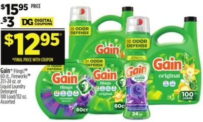 Gain® Flings!™, Fireworks™ or Liquid Laundry Detergent