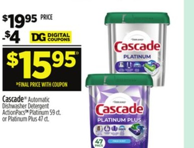Cascade® Automatic Dishwasher Detergent ActionPacs Platinum 59 ct. or Platinum Plus 47 ct