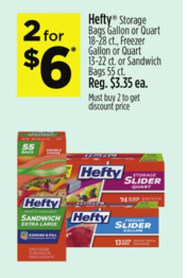 Hefty® Storage Bags Gallon or Quart 18-28 ct., Freezer Gallon or Quart 13-22 ct. or Sandwich Bags 55 ct.