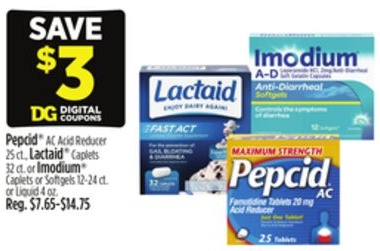 Pepcid® AC Acid Reducer 25 ct., Lactaid® Caplets 32 ct. or Imodium® Caplets or Softgels 12-24 ct. or Liquid 4 oz.