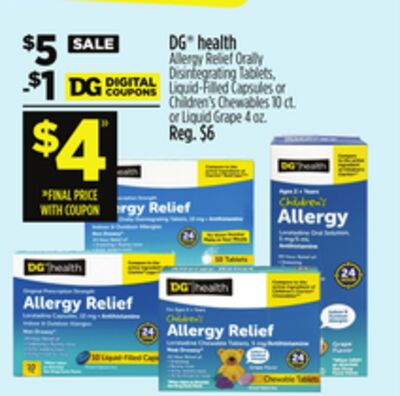 DG® health Allergy Relief Orally Disintegrating Tablets, Liquid-Filled Capsules or Children's Chewables or Liquid Grape