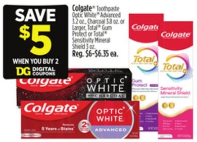 Colgate® Toothpaste Optic White® Advanced 3.2 oz., Charcoal 3.8 oz. or Larger, Total® Gum Protect or Total® Sensitivity Mineral Shield 3 oz.