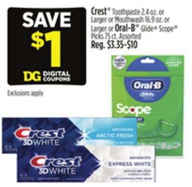 Crest® Toothpaste or Mouthwash or Larger or Oral-B® Glide® Scope® Picks