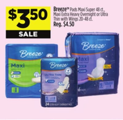 Breeze Pads Maxi Super 48 ct., Maxi Extra Heavy Overnight or Ultra Thin with Wings 20-48 ct.