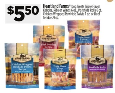 Heartland Farms® Dog Treats Triple Flavor Kabobs, Ribs or Wings 6 oz., Porkhide Rolls 6 ct., Chicken Wrapped Rawhide Twists 7 oz. or Beef Tenders 9 oz.