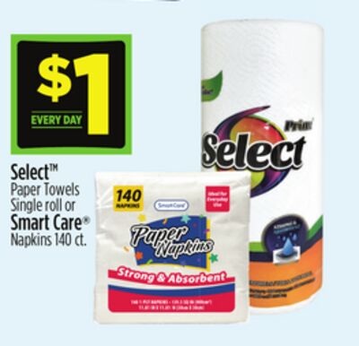 Select Paper Towels Single roll or Smaert Care Napkins 140 ct.