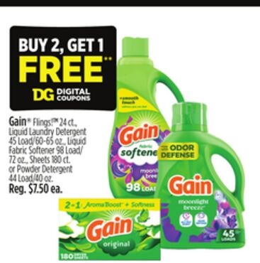 Gain® Flings!™ 24 ct., Liquid Laundry Detergent 45 Load/60-65 oz., Liquid Fabric Softener 98 Load/72 oz., Sheets 180 ct. or Powder Detergent 44 Load/40 oz.